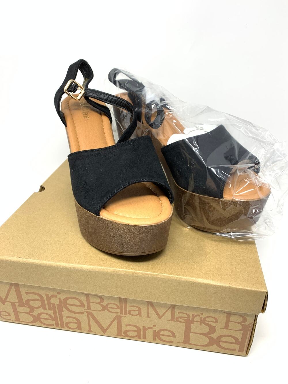 Marie Bella Women's Sz 9 Open Toe Heel Sandals Ankle Strap Black Faux Suede NEW